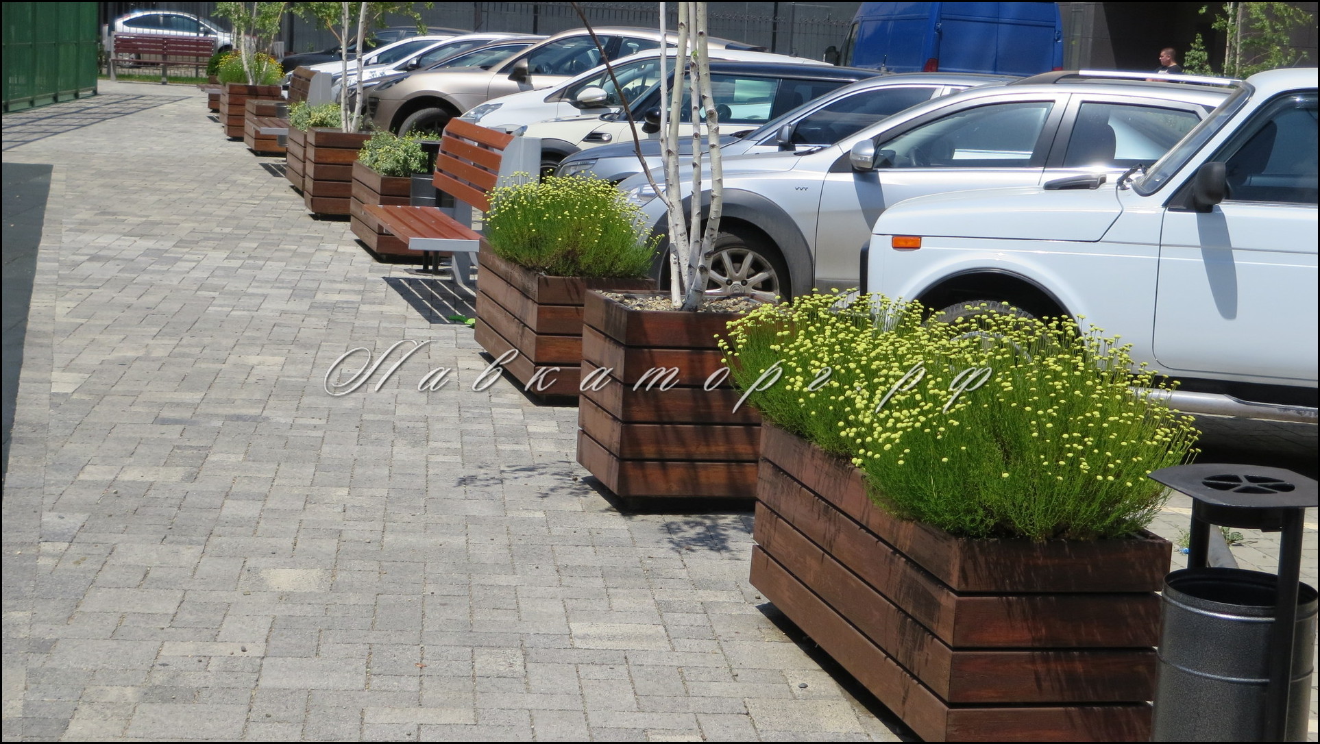 Большие уличные кашпо во дворе жилого комплекса